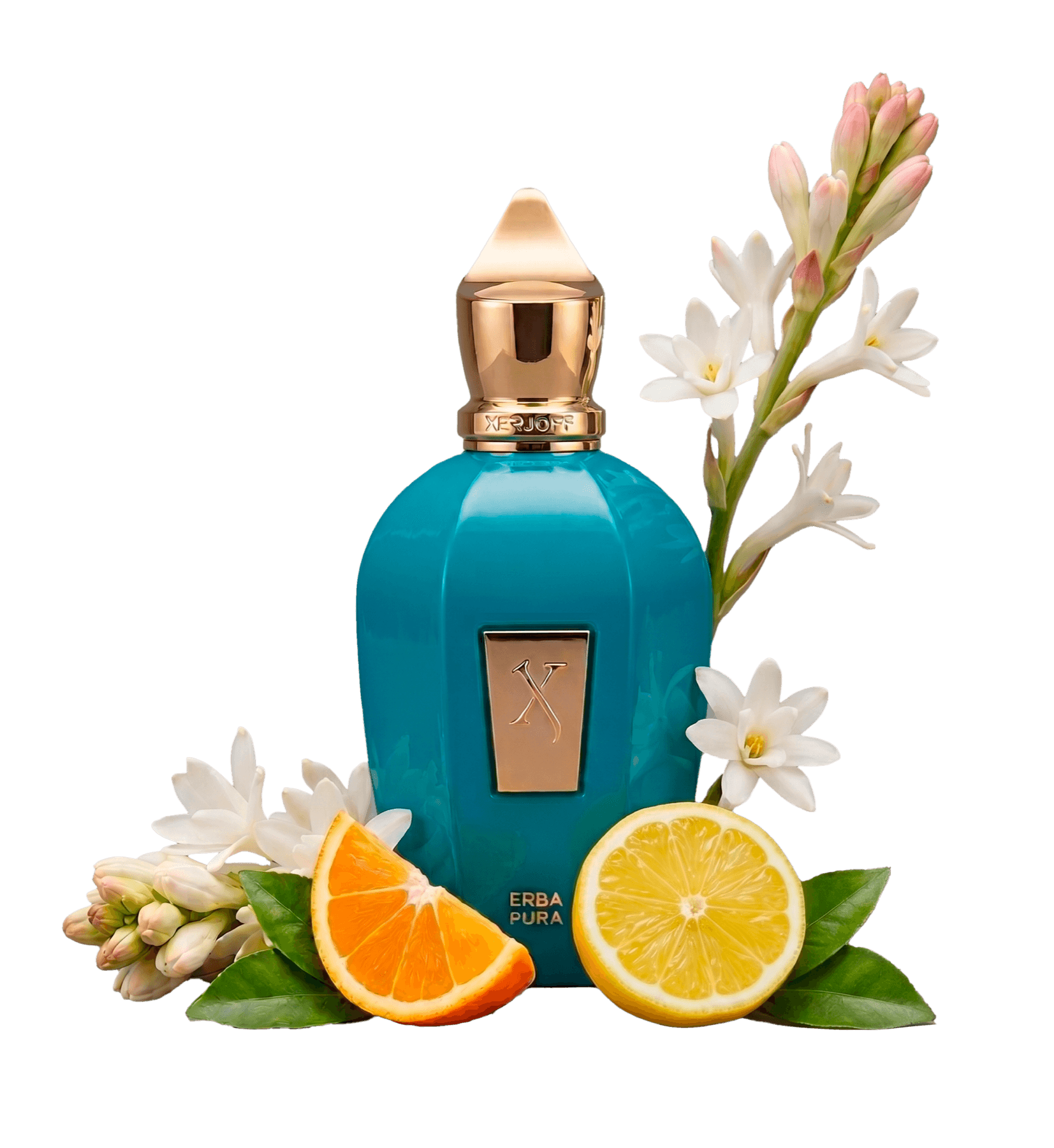 Xerjoff Erba Pura acompañado de cítricos y flores blancas